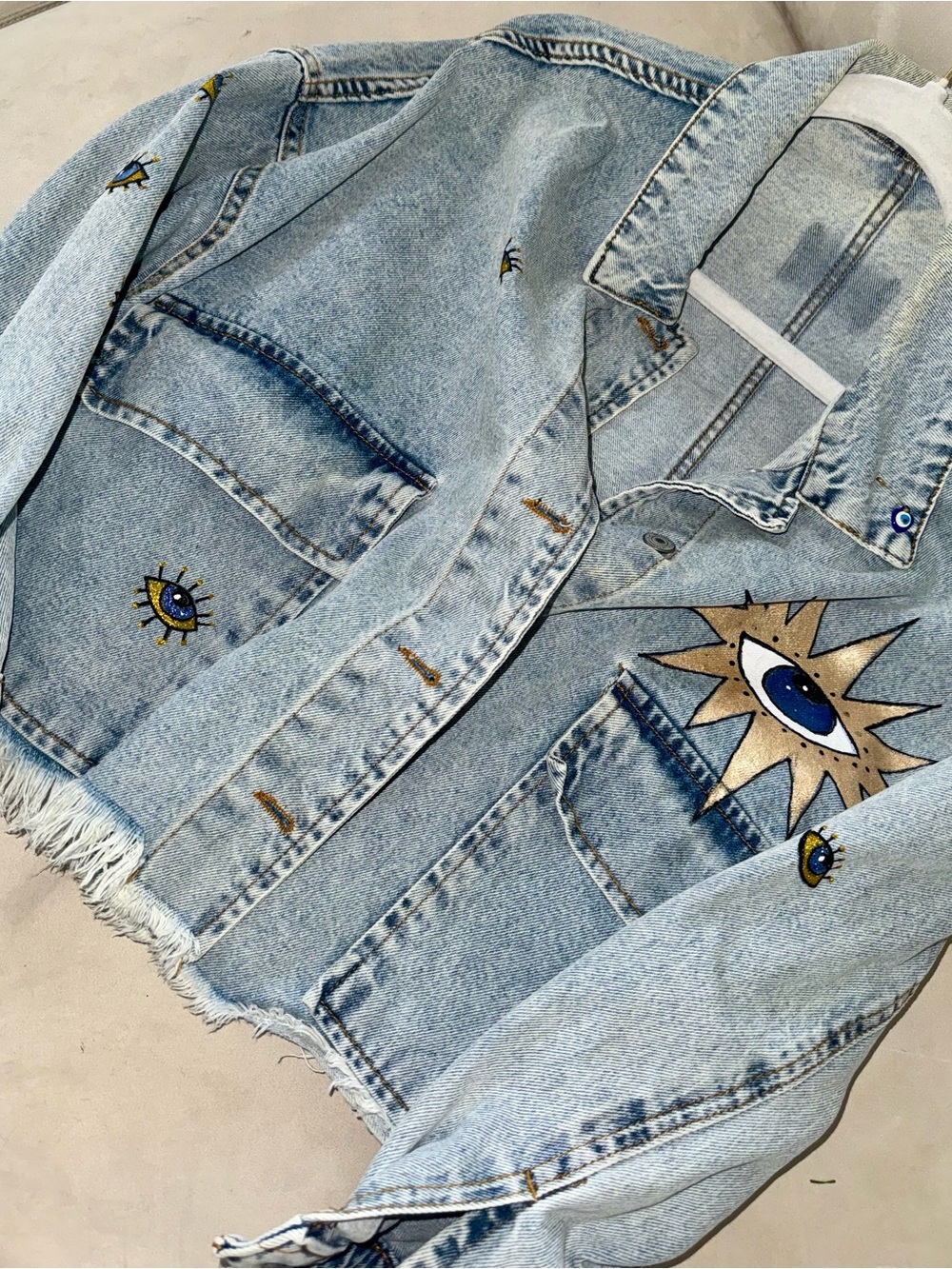 Greek Handmade Denim Jacket with Gold & Teal Eye Graphic - Picture 2 of 2